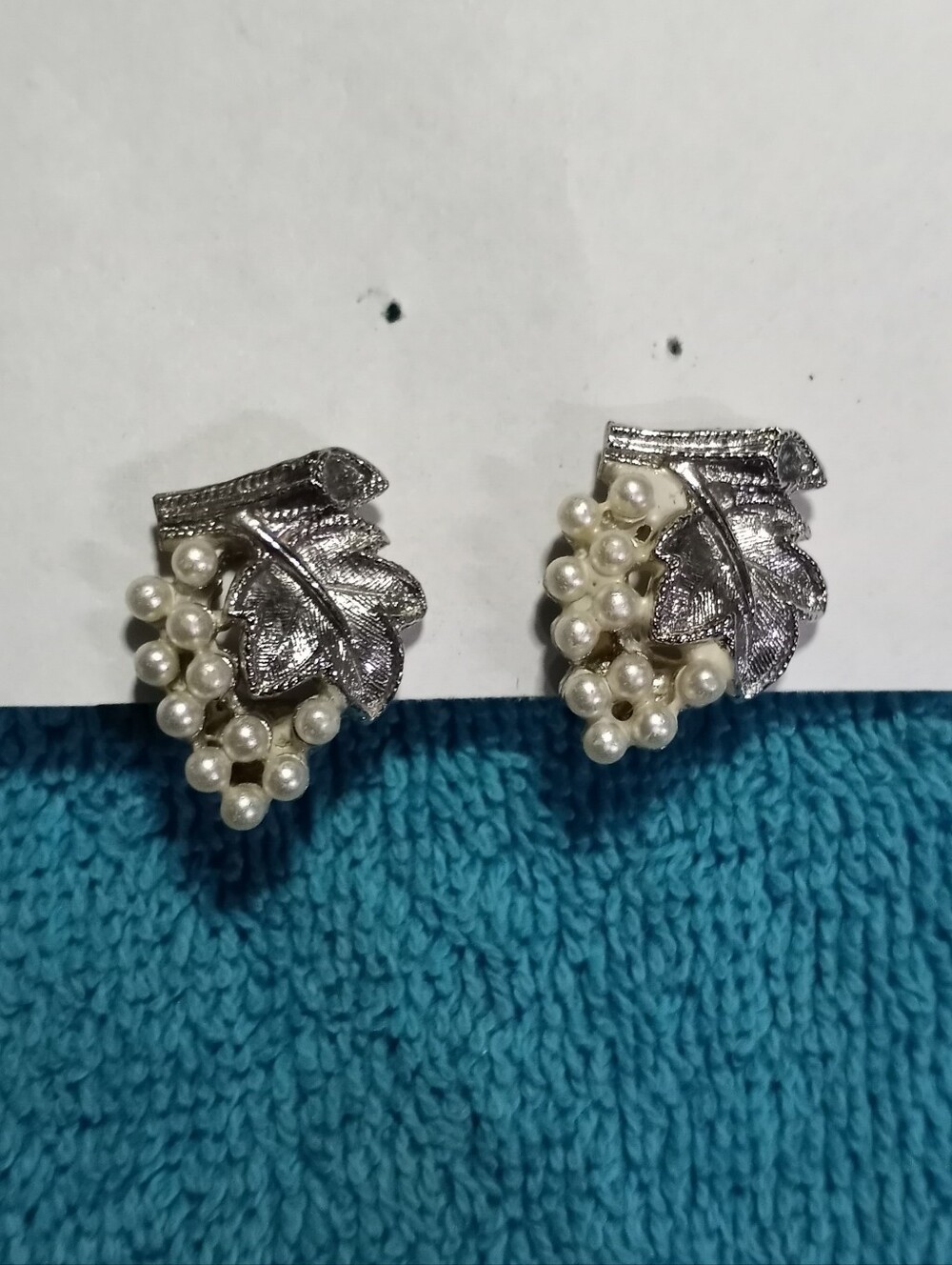 Silver Leaf Cluster Pearl Lever Back Earrings